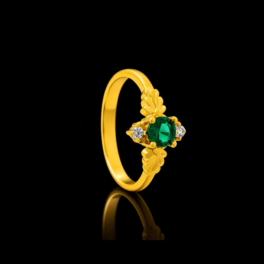 Green Oval Leaf Wing Stone Ring Gold Layered