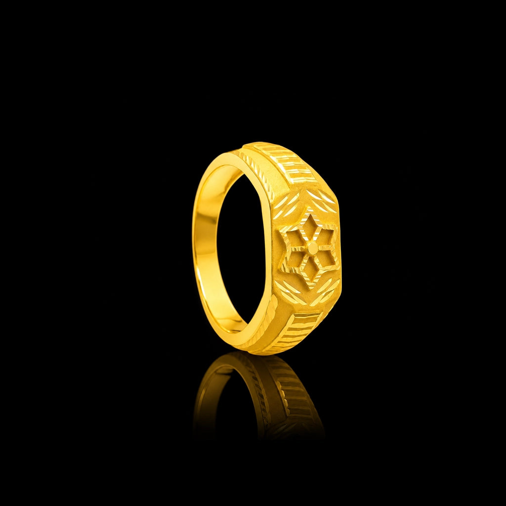 Bloom Grid Etched Face Gents Ring Gold Layered