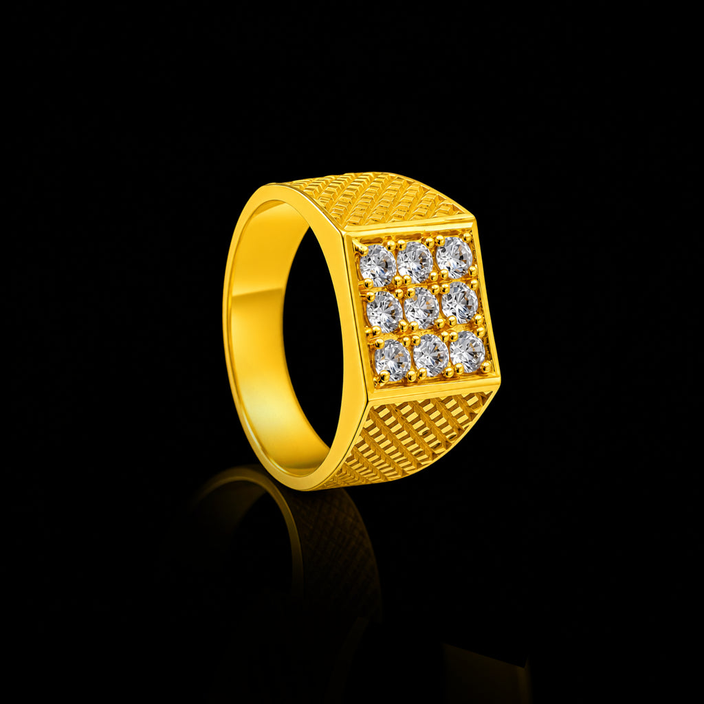 CZ Grid Ribbed Face Stone Gents Ring Gold Layered