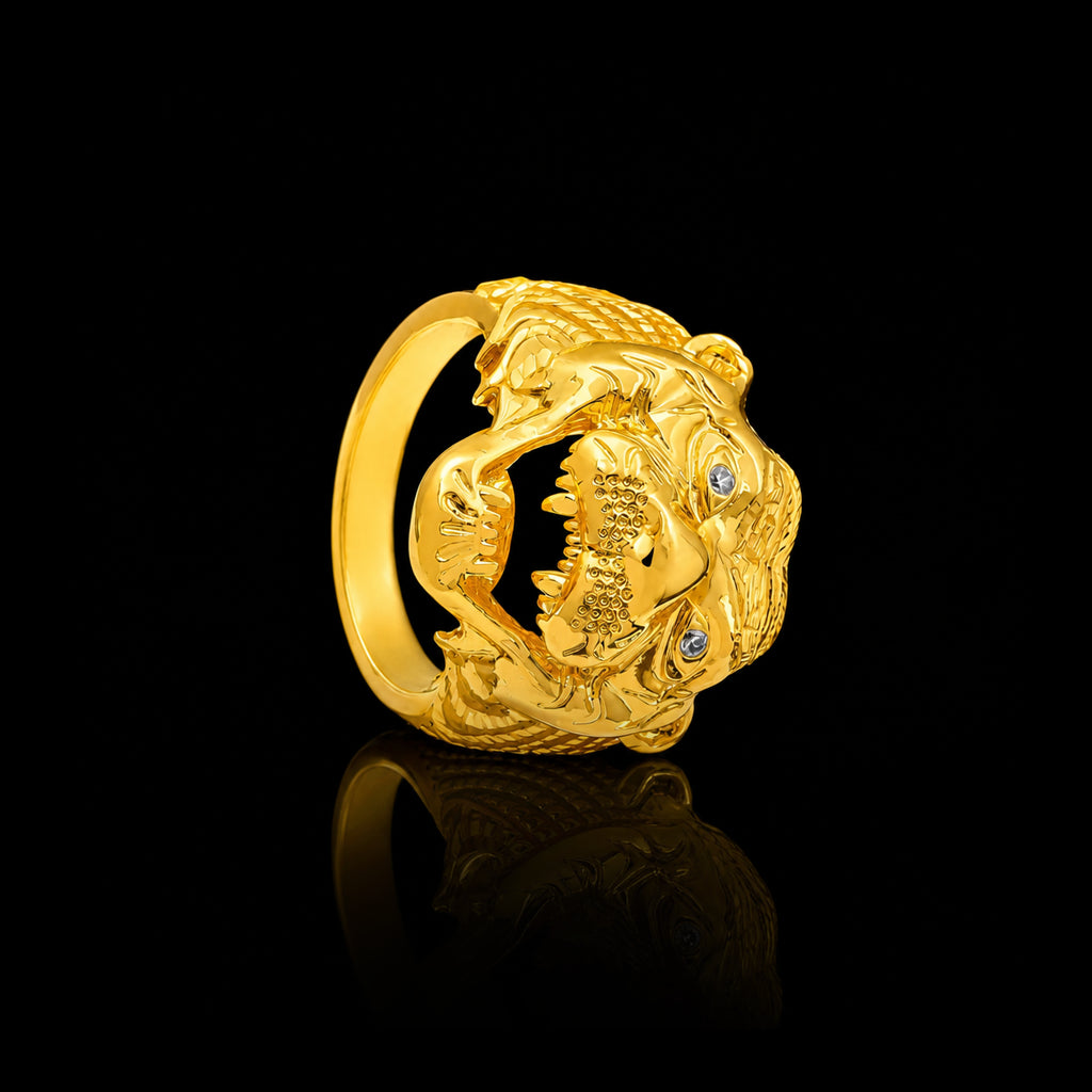 Lion Roar Openwork Face Stone Gents Ring Gold Layered
