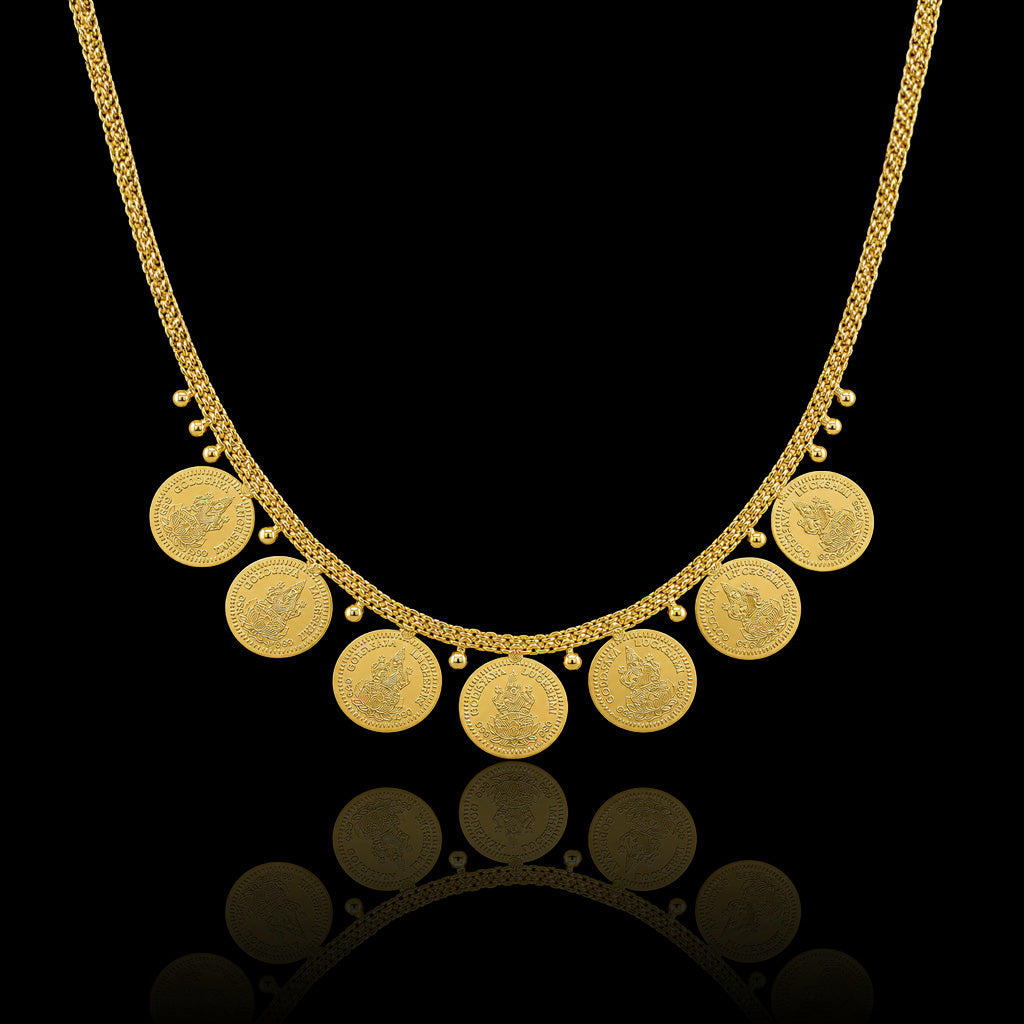 Lakshmi Kaasu Coin Fringe Short Necklace Gold Layered
