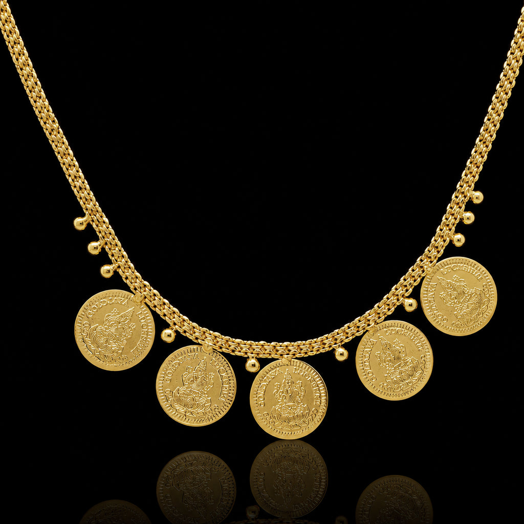 Lakshmi Kaasu Coin Fringe Short Necklace Gold Layered