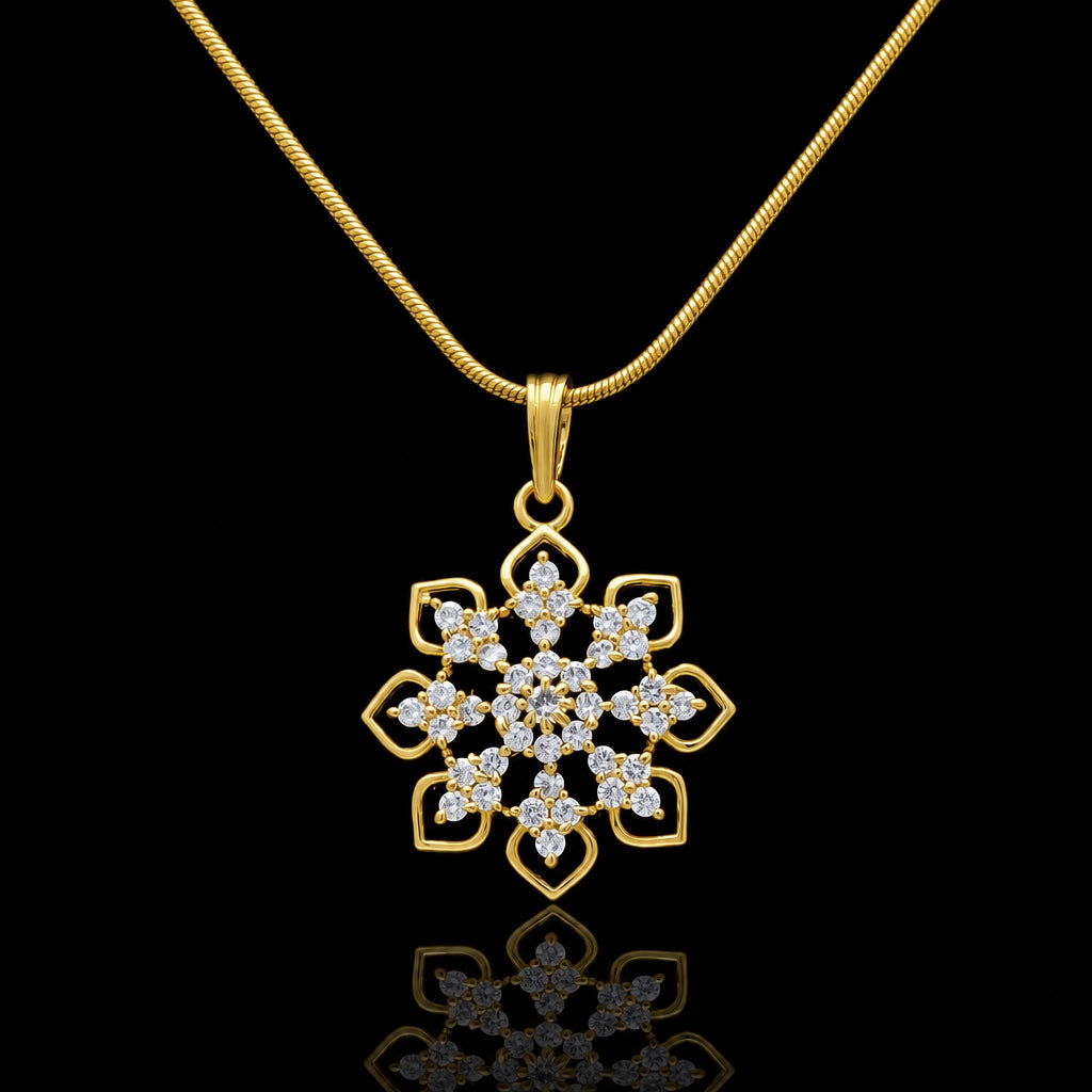 CZ Snowflake Pave Cluster Pendant with Chain Gold Layered