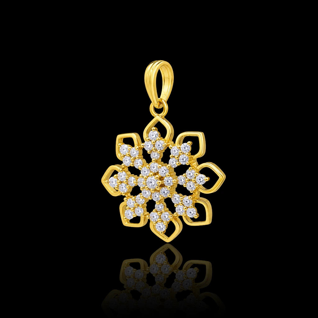 CZ Snowflake Pave Cluster Pendant with Chain Gold Layered