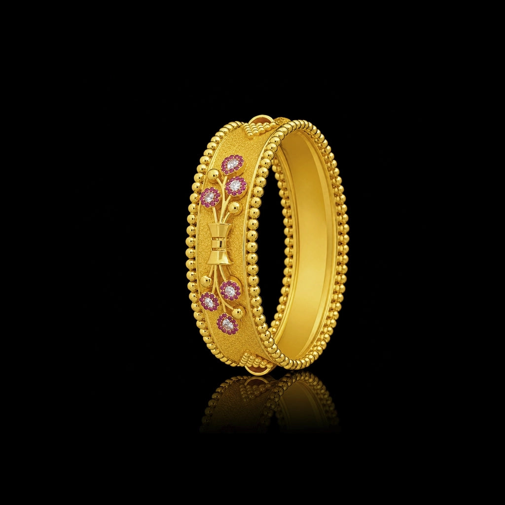 Ruby CZ Bouquet Beaded Broad Bangle Gold Layered