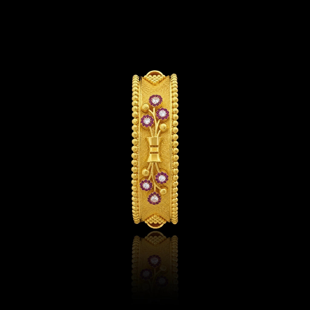 Ruby CZ Bouquet Beaded Broad Bangle Gold Layered