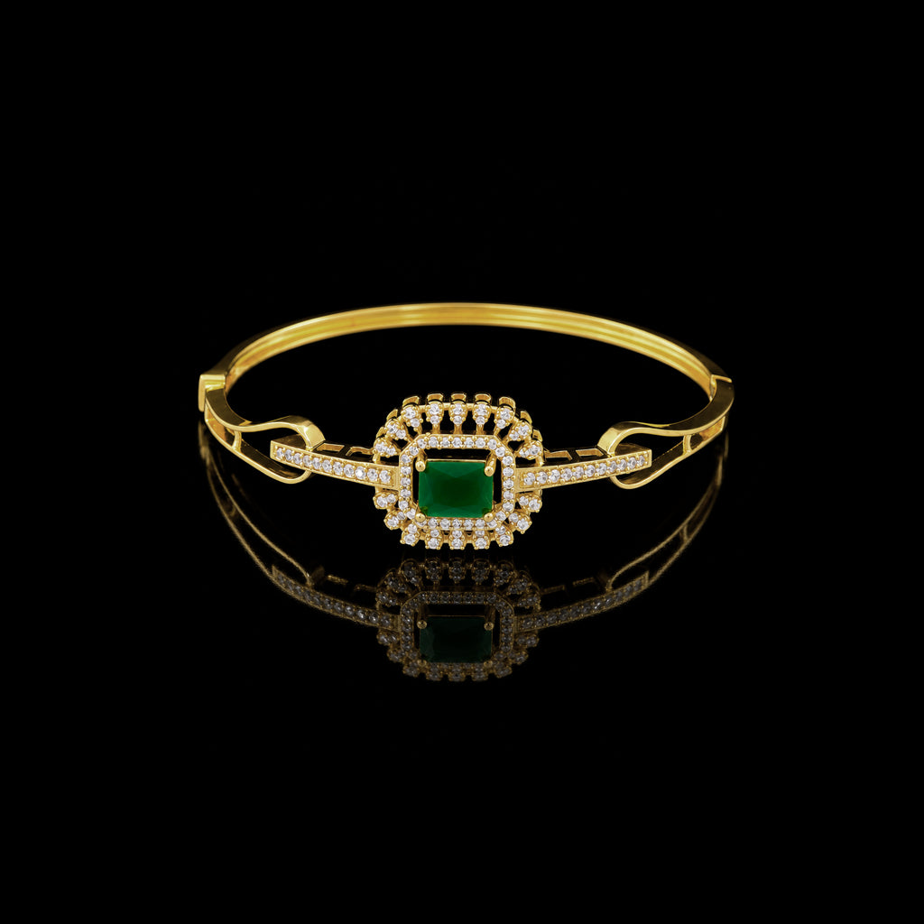 Emerald Colour CZ Halo Solitaire Openable Bracelet Gold Layered