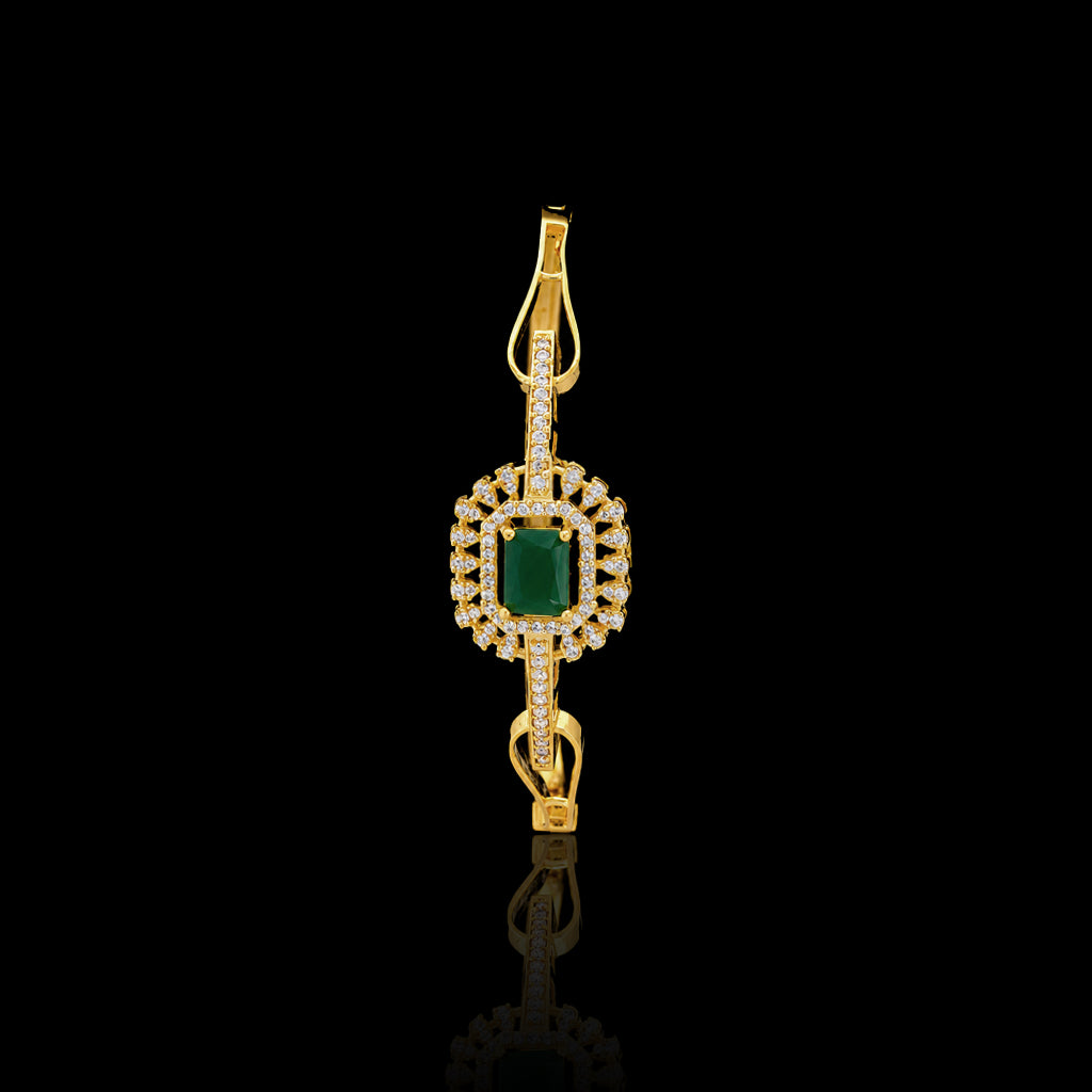 Emerald Colour CZ Halo Solitaire Openable Bracelet Gold Layered