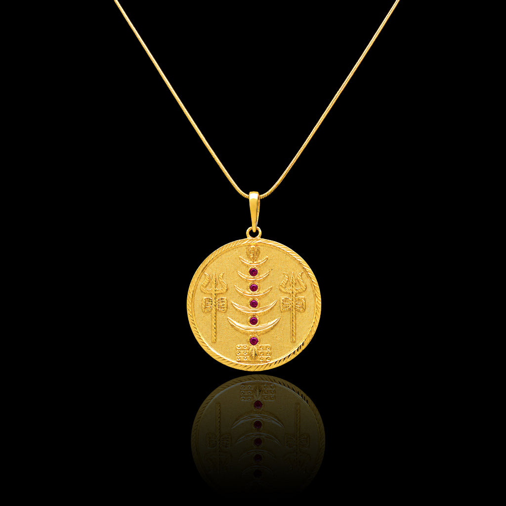 Gents Ruby Trishul Coin Medallion Pendant with Chain Gold Layered