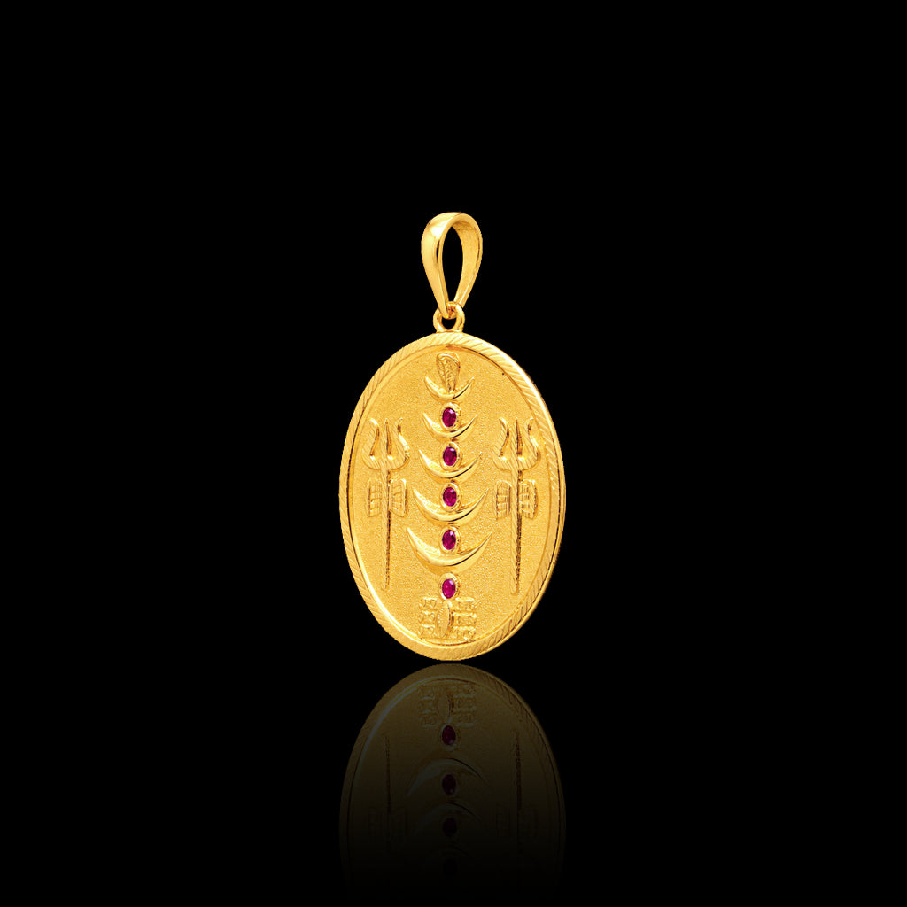 Gents Ruby Trishul Coin Medallion Pendant with Chain Gold Layered