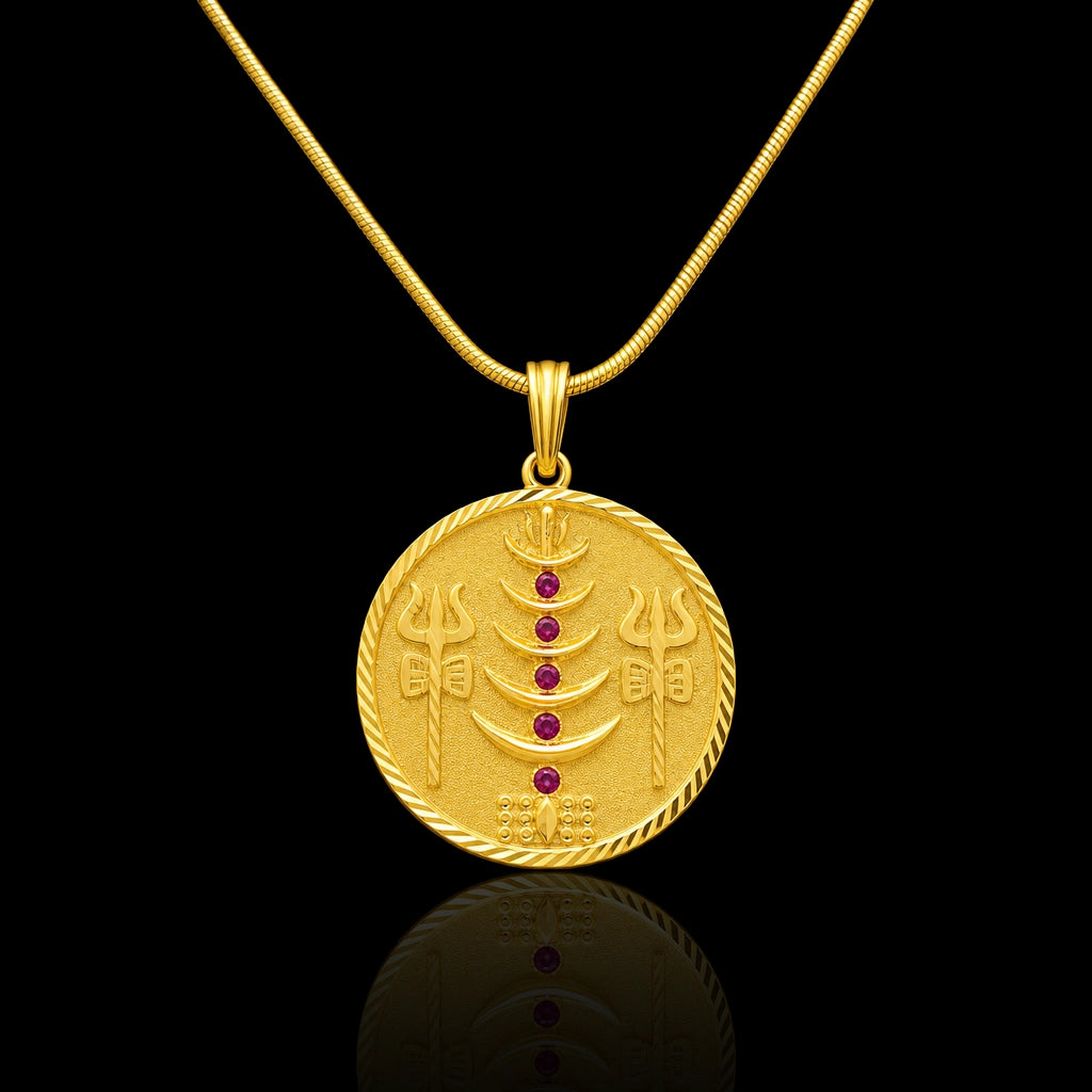 Gents Ruby Trishul Shiva Coin Medallion Pendant with Chain Gold Layered