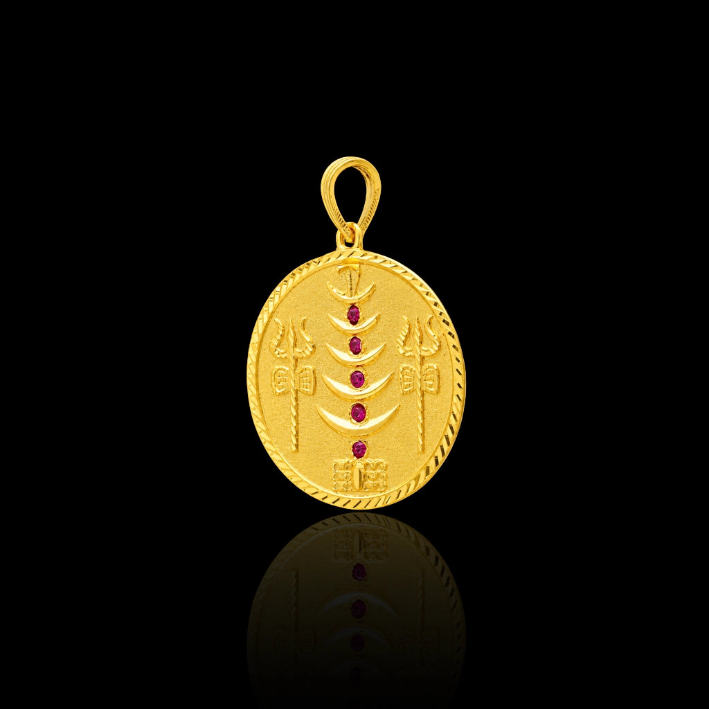 Gents Ruby Trishul Shiva Coin Medallion Pendant with Chain Gold Layered