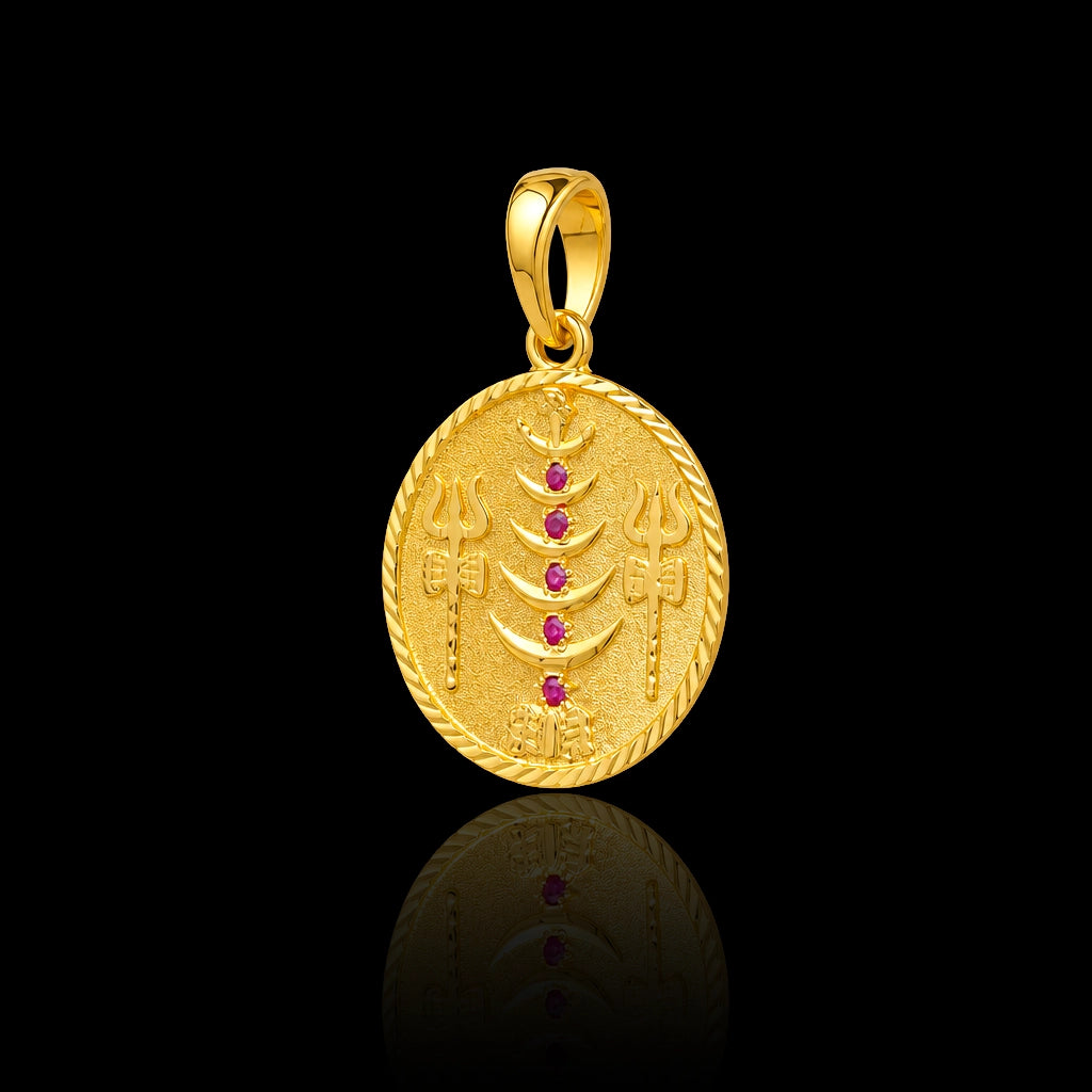 Gents Ruby Trishul Moon Shiva Coin Pendant with Chain Gold Layered