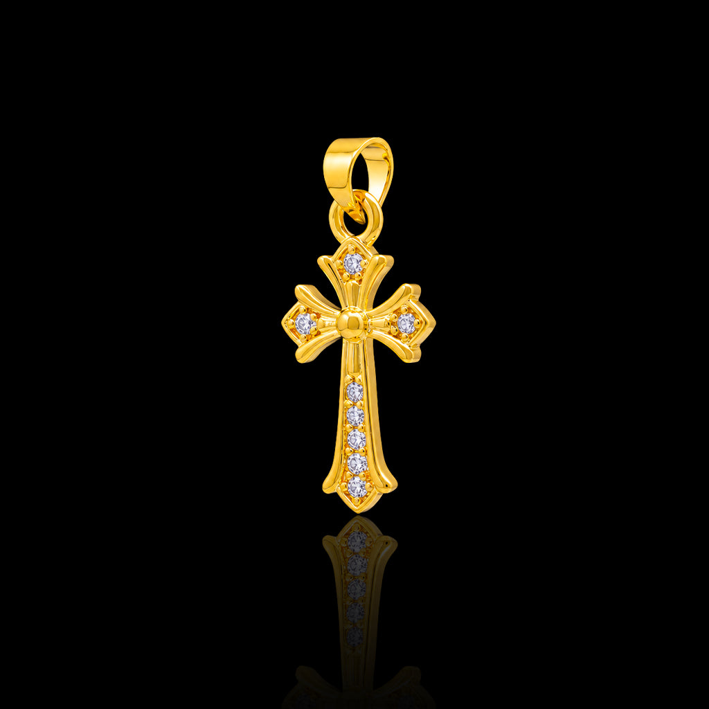 CZ Fleur Cross Religious Symbol Pendant with Chain Gold Layered