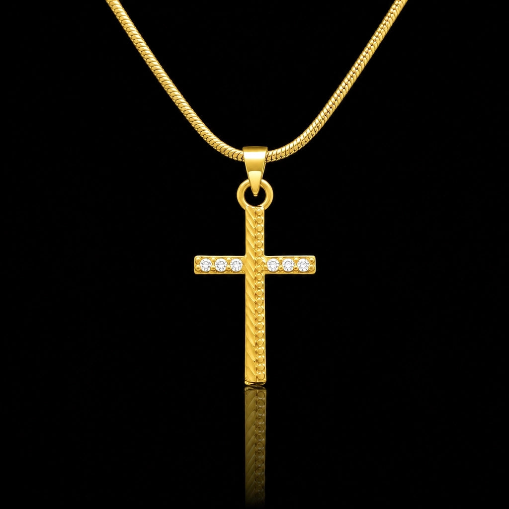 CZ Milgrain Rail Cross Pendant with Chain Gold Layered