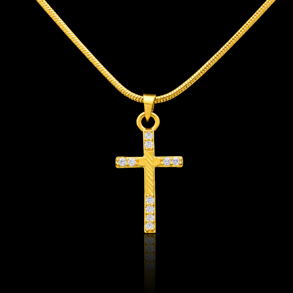 CZ Diagonal Rail Cross Pendant with Chain Gold Layered