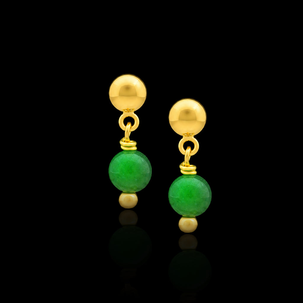 Baby Green Jade Ball Drop Hanging Stud Gold Layered