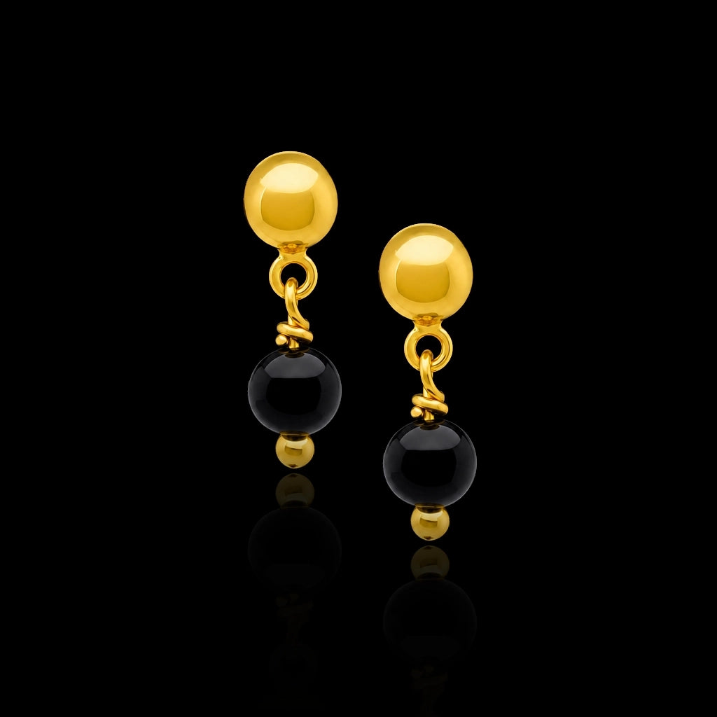 Black Bead Ball Drop Hanging Stud Gold Layered
