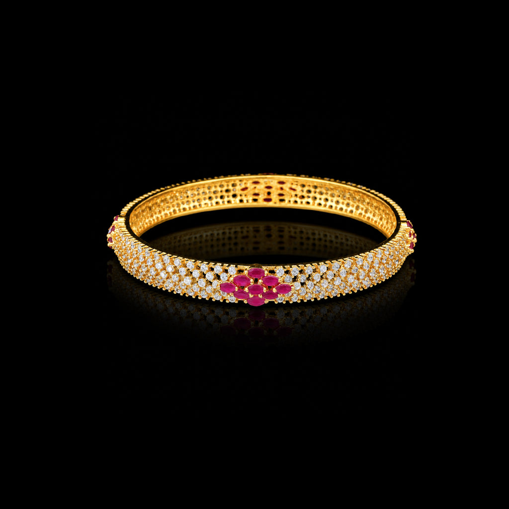 Ruby CZ Pave Bloom Stone Bangle Gold Layered