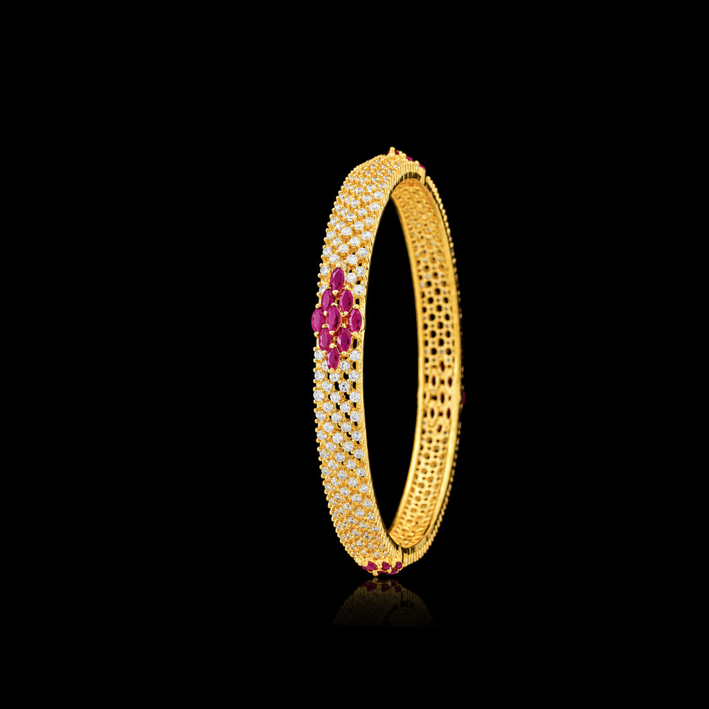 Ruby CZ Pave Bloom Stone Bangle Gold Layered