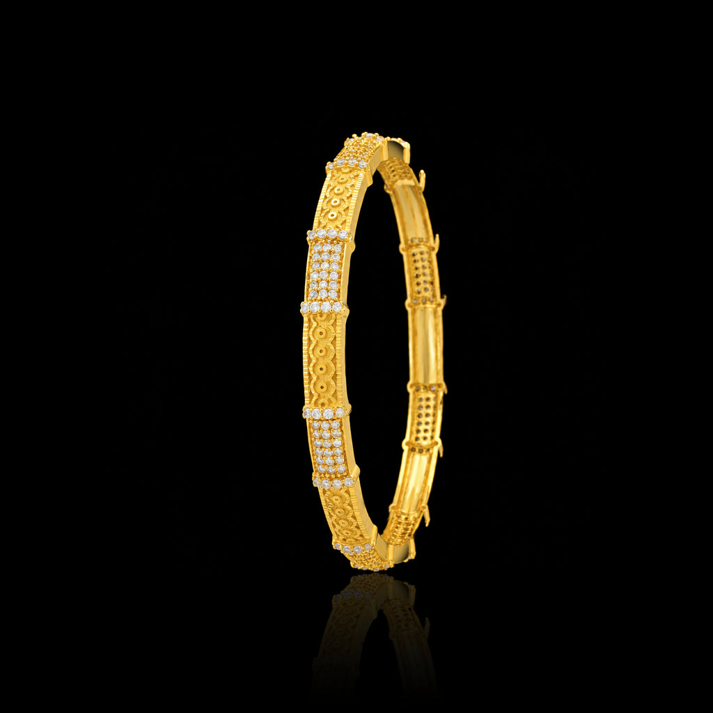 CZ Pave Panel Filigree Circle Stone Bangle Gold Layered