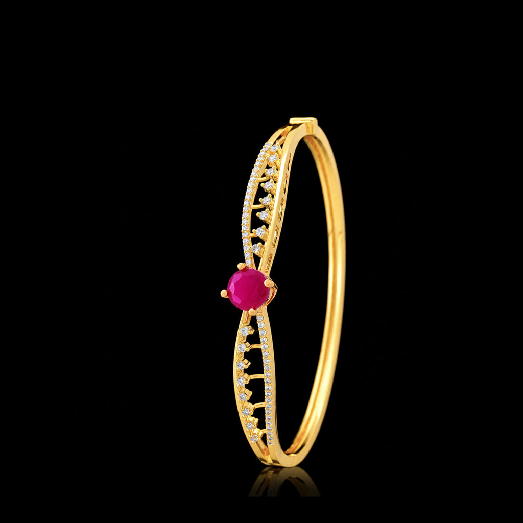Ruby Colour Solitaire Leaf Lattice Bangle Gold Layered