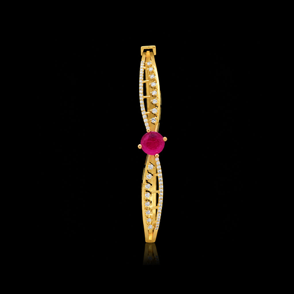 Ruby Colour Solitaire Leaf Lattice Bangle Gold Layered