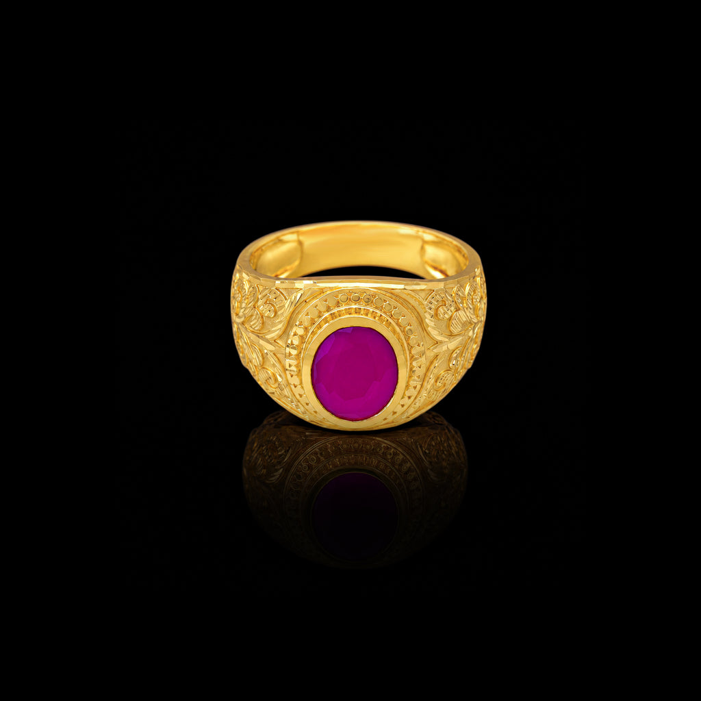 Ruby Colour Oval Solitaire Engraved Gents Ring Gold Layered