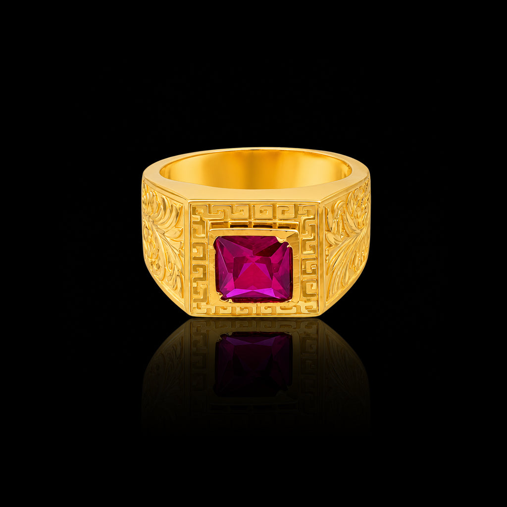 Ruby Colour Square Signet Engraved Gents Ring Gold Layered