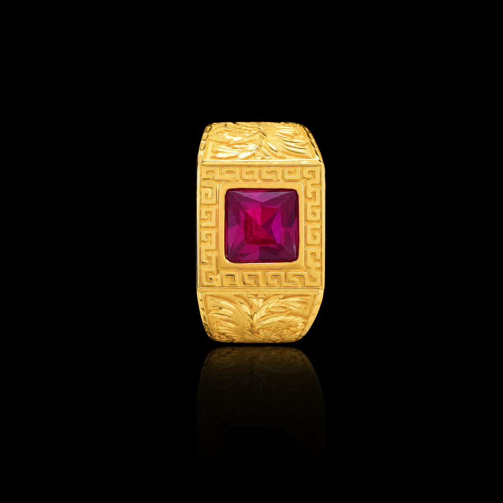 Ruby Colour Square Signet Engraved Gents Ring Gold Layered