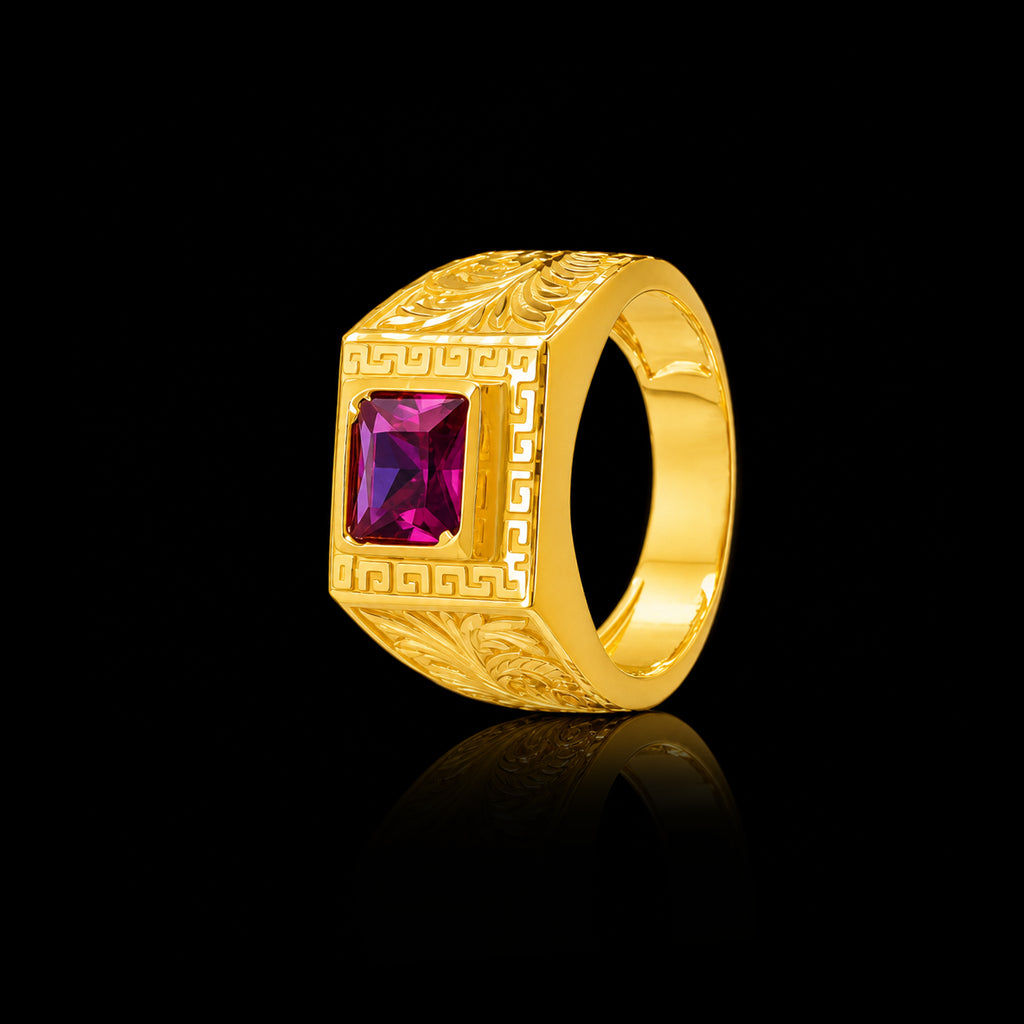 Ruby Colour Square Signet Engraved Gents Ring Gold Layered