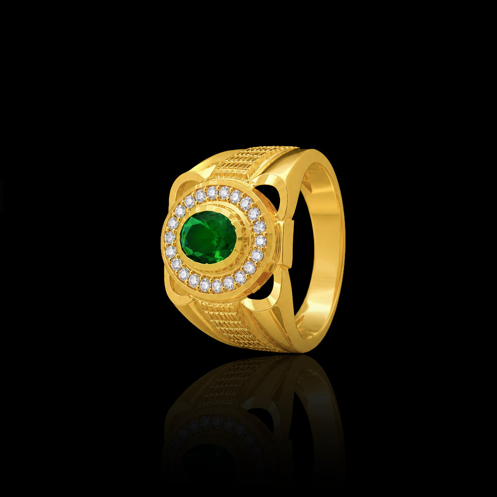 Emerald Colour Oval Halo CZ Gents Ring Gold Layered