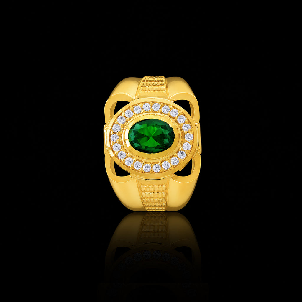 Emerald Colour Oval Halo CZ Gents Ring Gold Layered