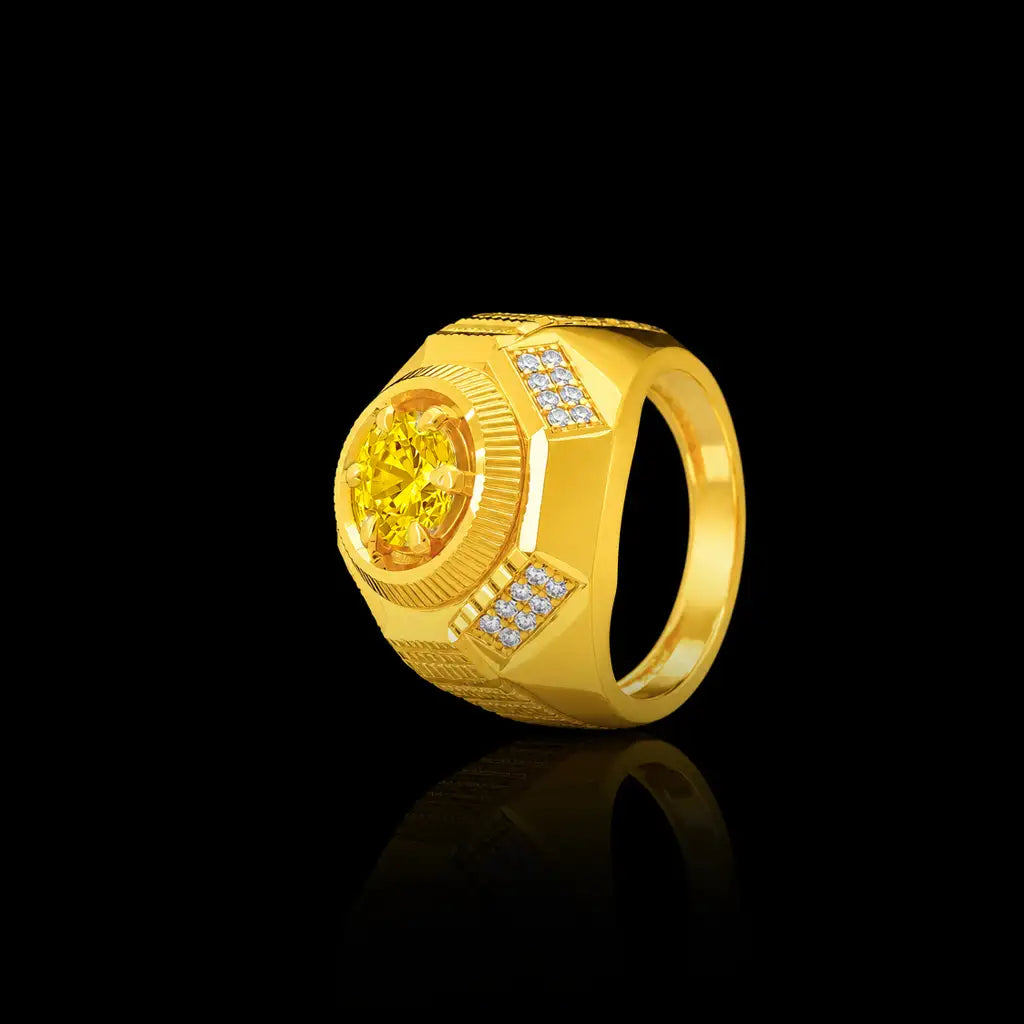 Yellow CZ Octagon Signet Engraved Gents Ring Gold Layered