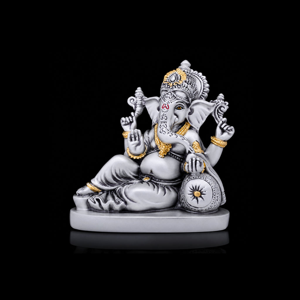 Silver Gold Seated Ganesha Resin Idol Silver Finish