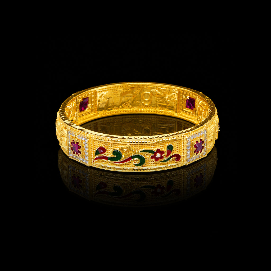 Enamel Vine Bloom CZ Ruby Colour Designer Bangle Gold Layered