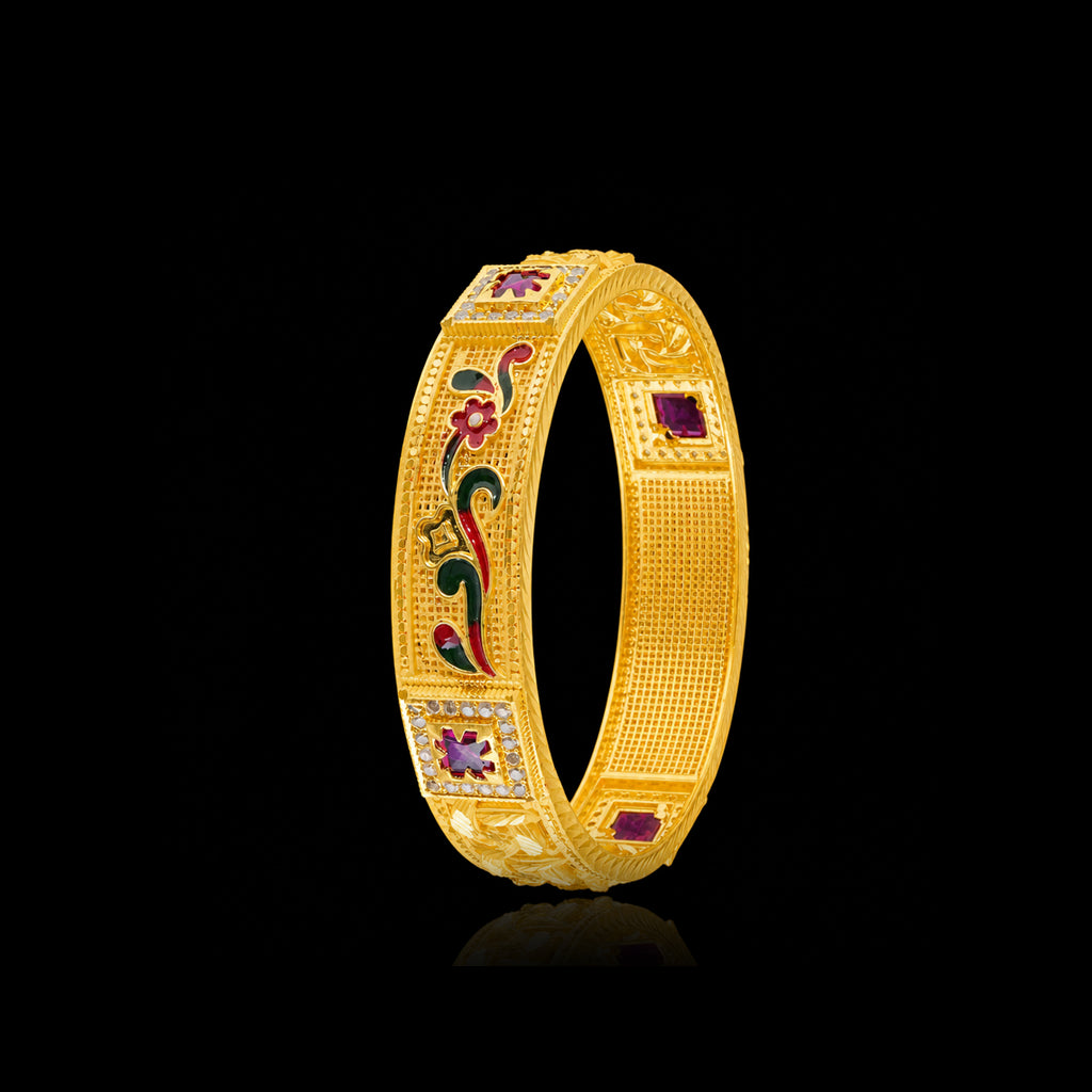 Enamel Vine Bloom CZ Ruby Colour Designer Bangle Gold Layered