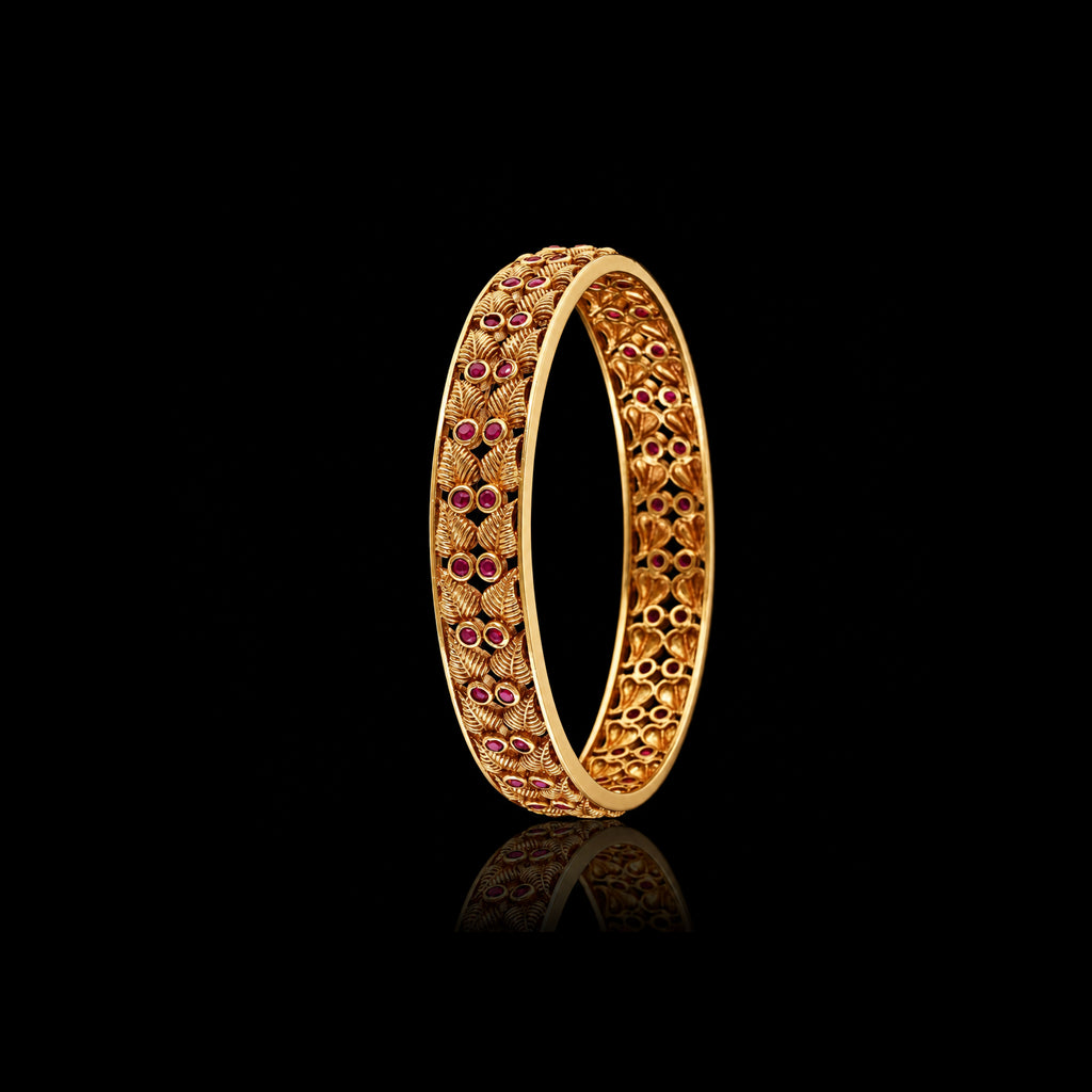 Leaf Row Bezel Stone Bangle Antique Finish