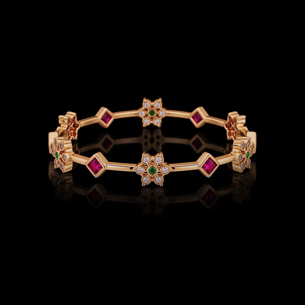 Floral Bezel Square Stone Link Bangle Antique Finish