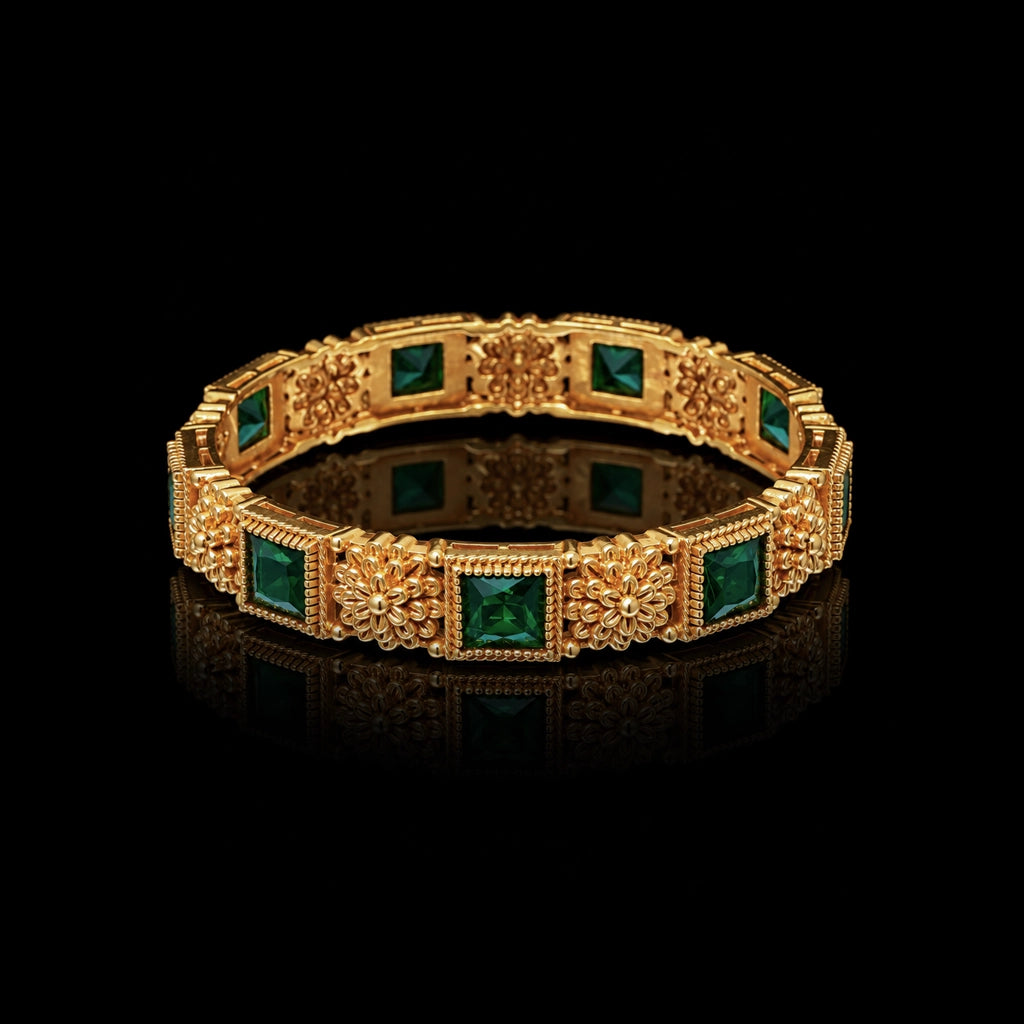 Floral Bezel Square Stone Link Bangle Antique Finish