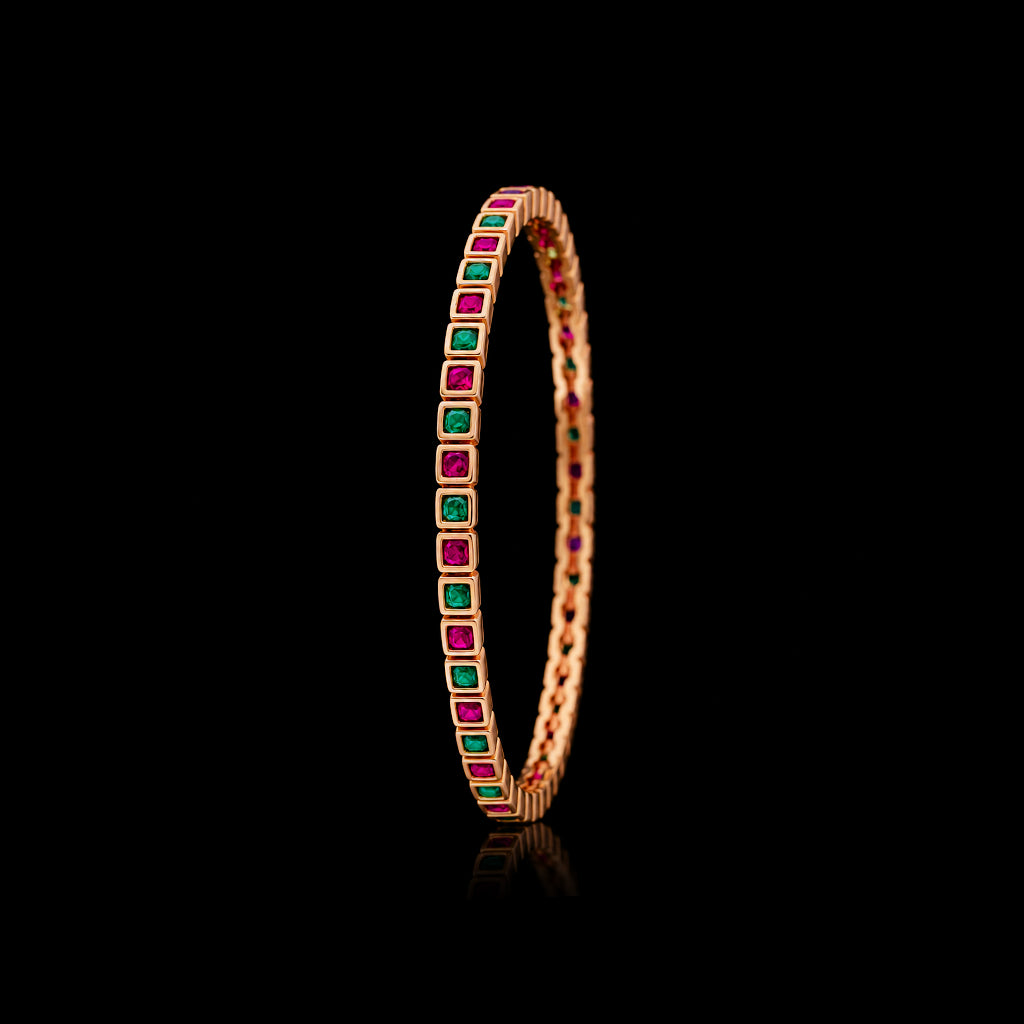 Square Bezel Alternating Stone Link Bangle Antique Finish