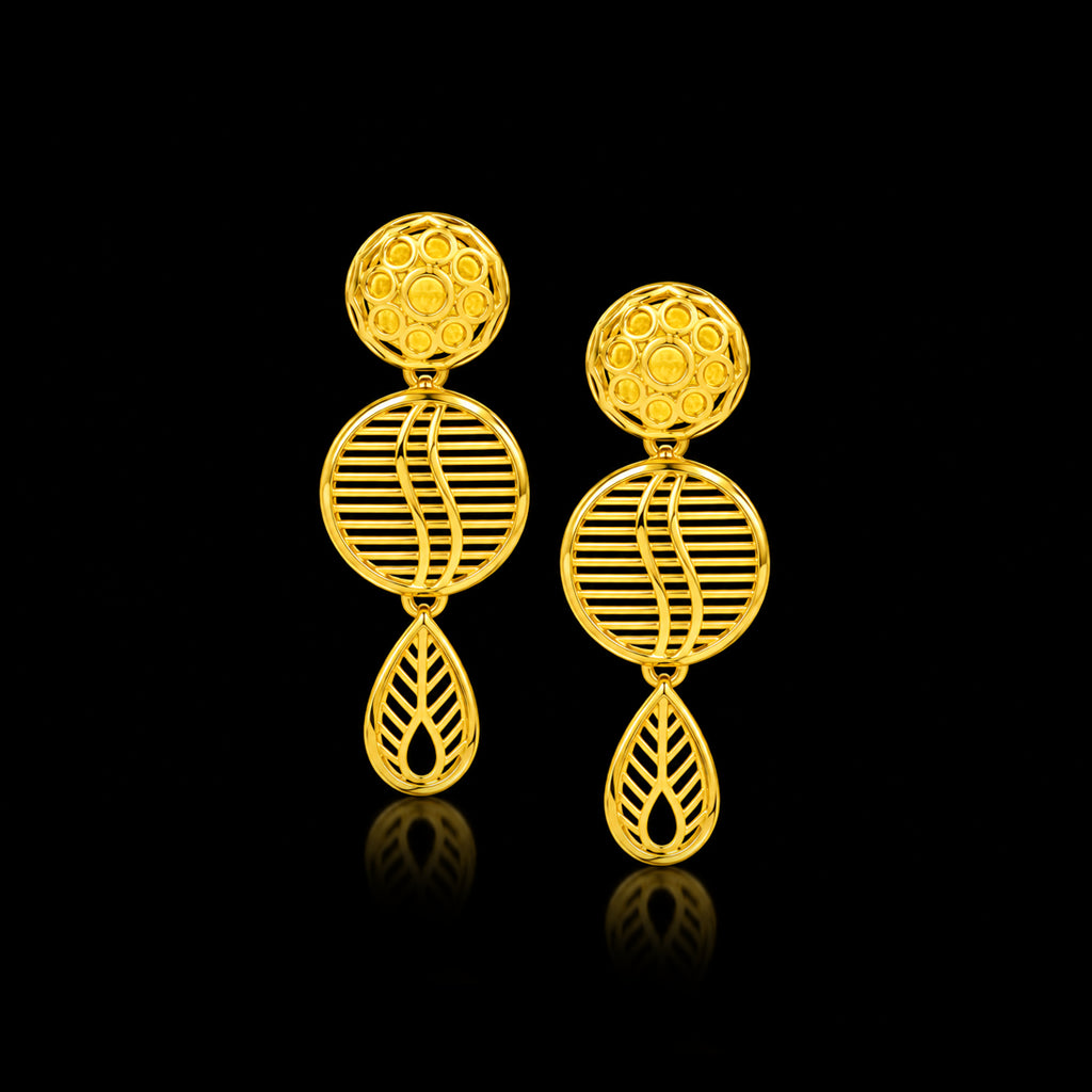 Premium Jali Dome Oval Leaf Drop Hanging Stud Gold Layered