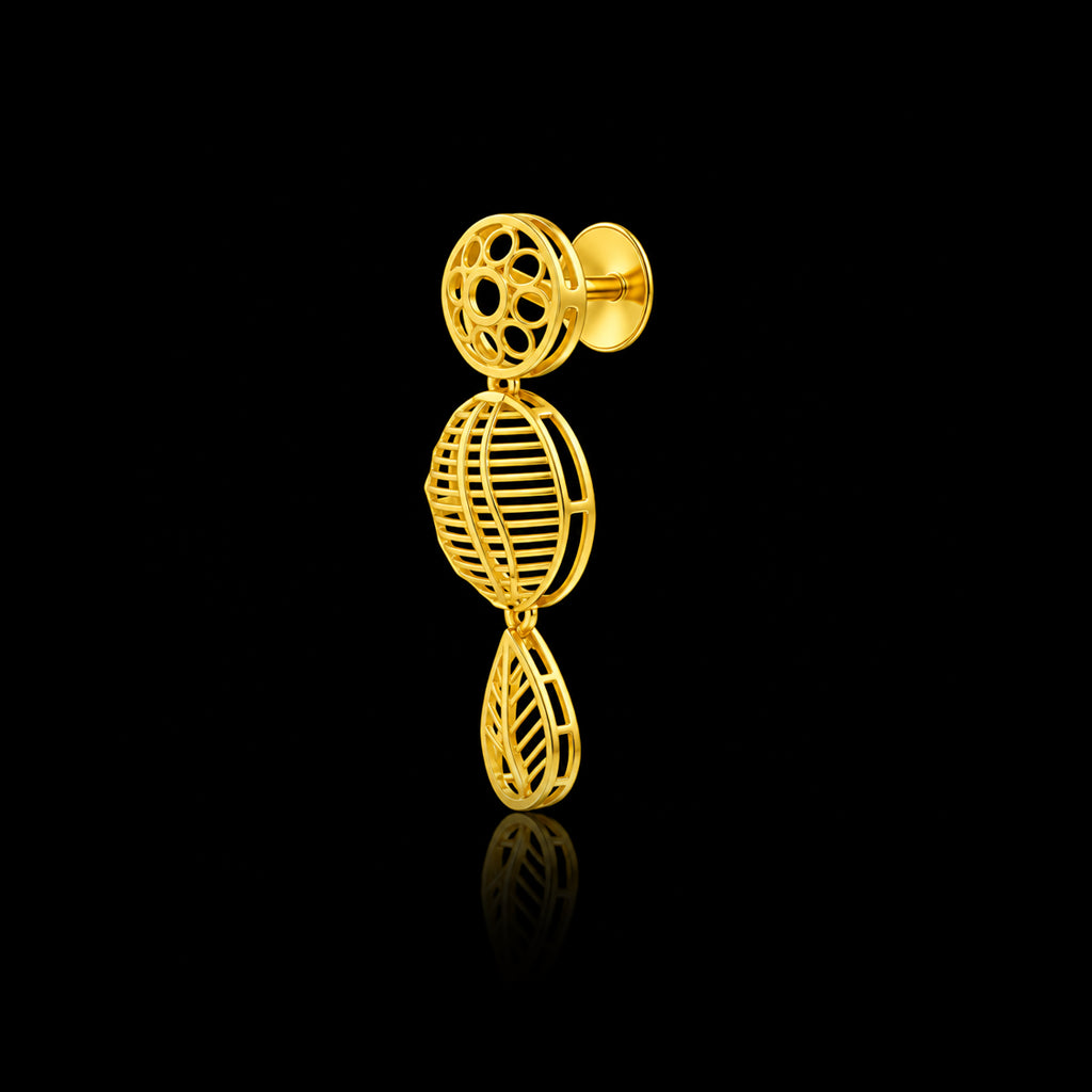 Premium Jali Dome Oval Leaf Drop Hanging Stud Gold Layered