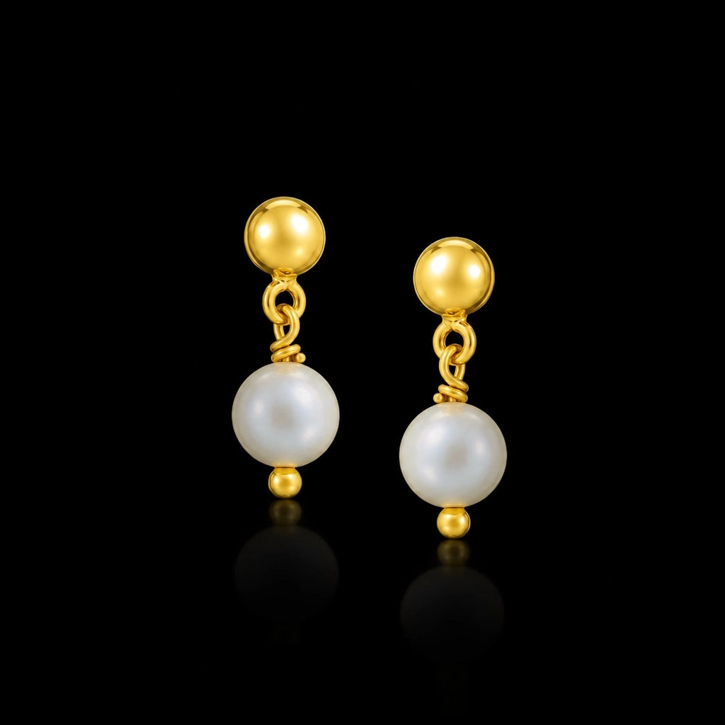Baby Pearl Ball Drop Hanging Stud Gold Layered