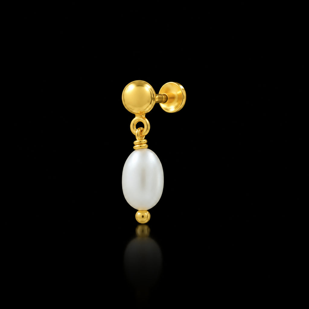 Pearl Oval Drop Baby Hanging Stud Gold Layered