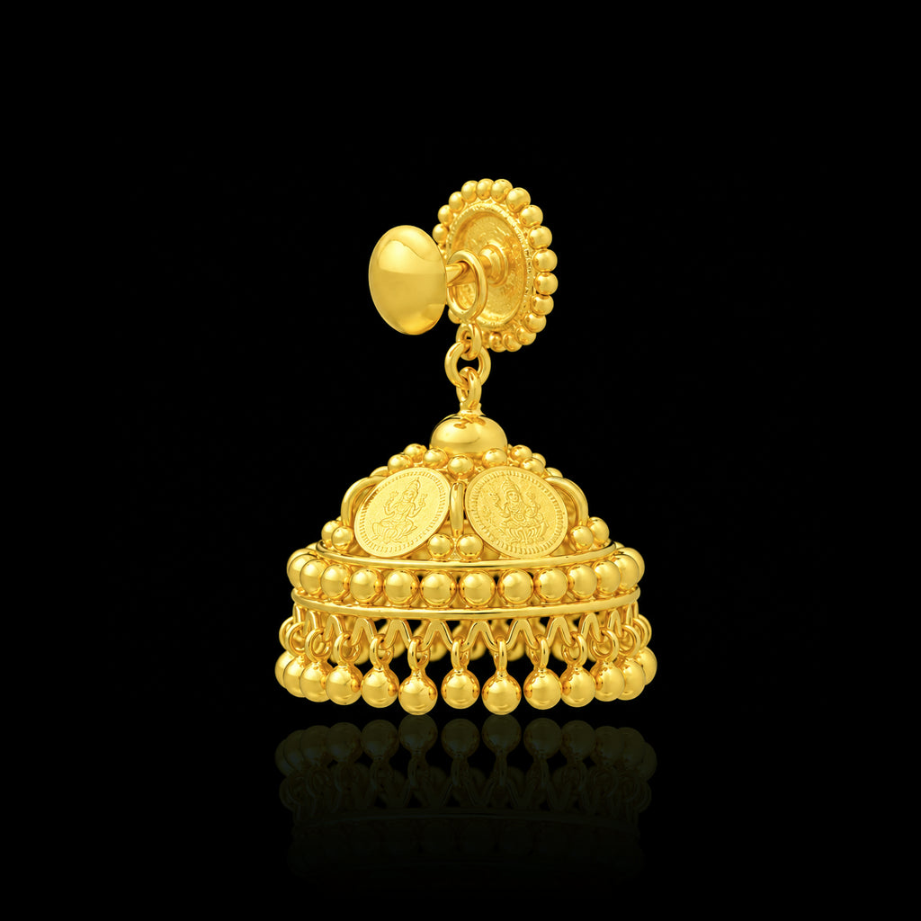 Lakshmi Coin Dome Bead Fringe Jhumka Gold Layered