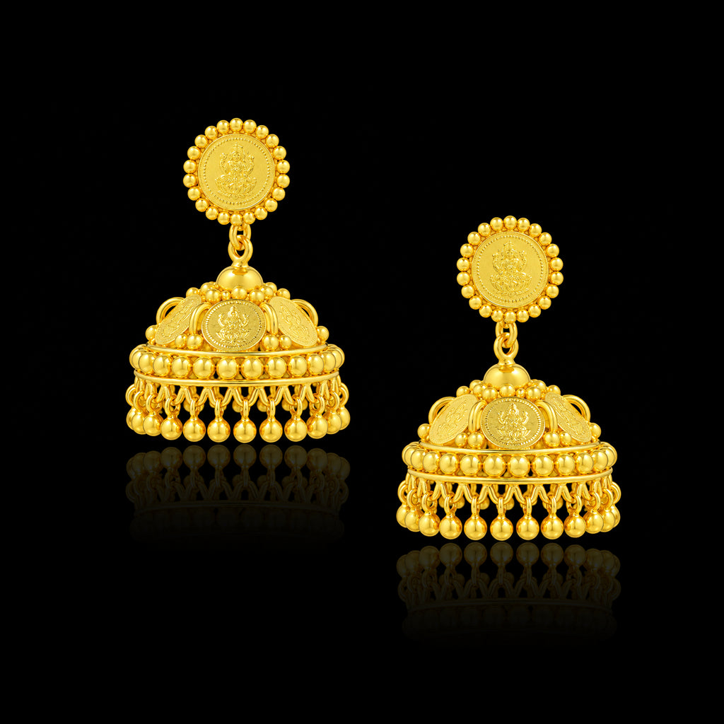 Lakshmi Coin Dome Bead Fringe Jhumka Gold Layered