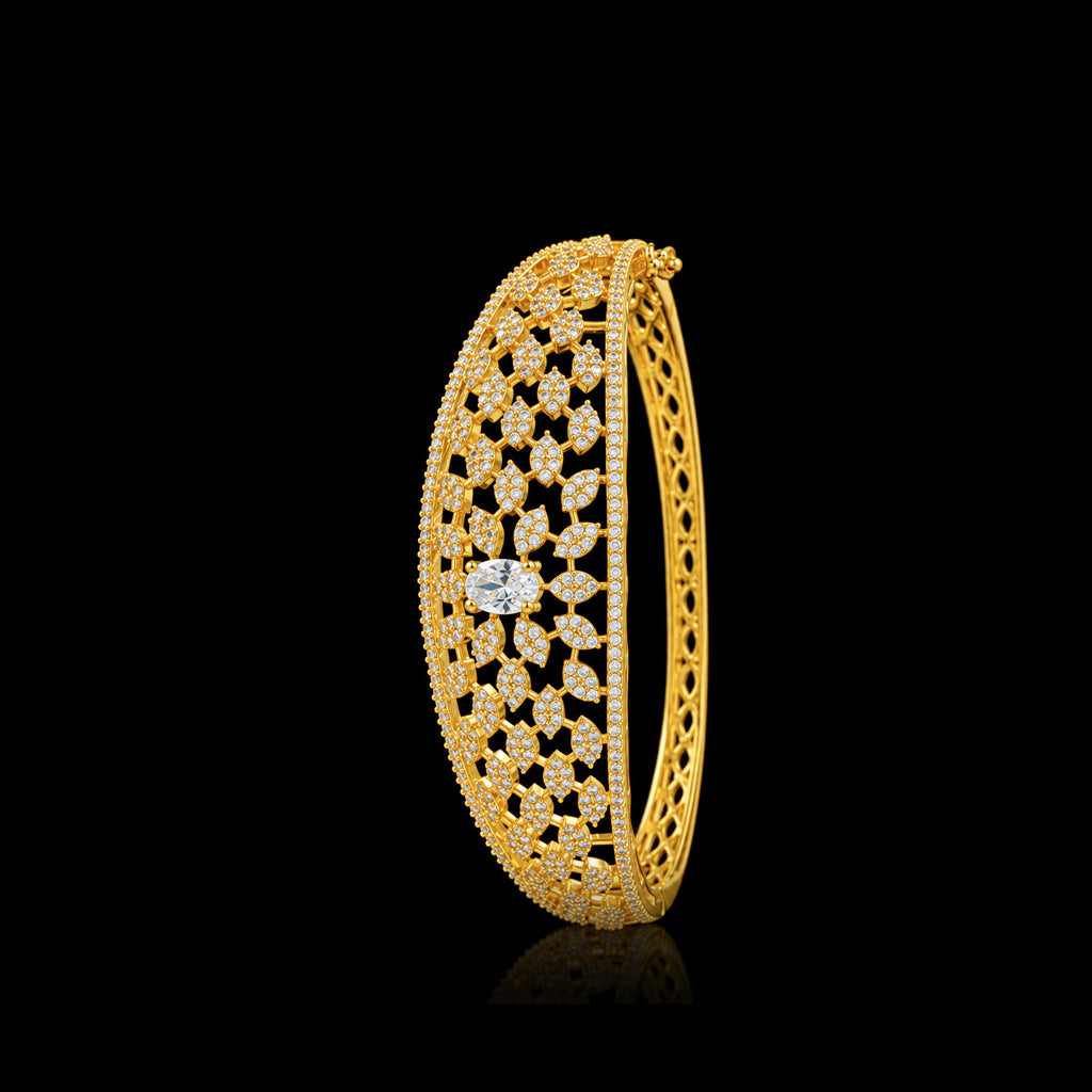 Premium CZ Lattice Leaf Solitaire Openable Bracelet Gold Layered