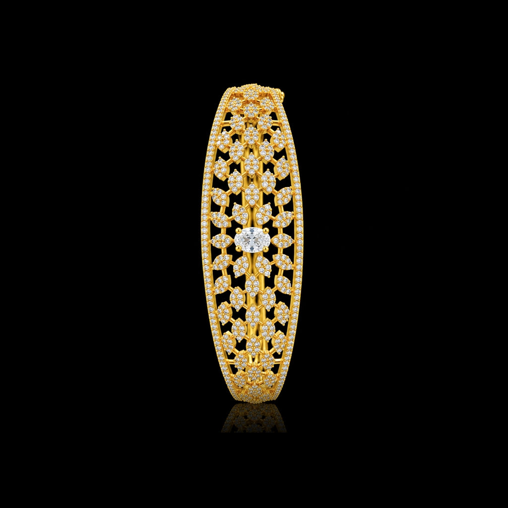Premium CZ Lattice Leaf Solitaire Openable Bracelet Gold Layered