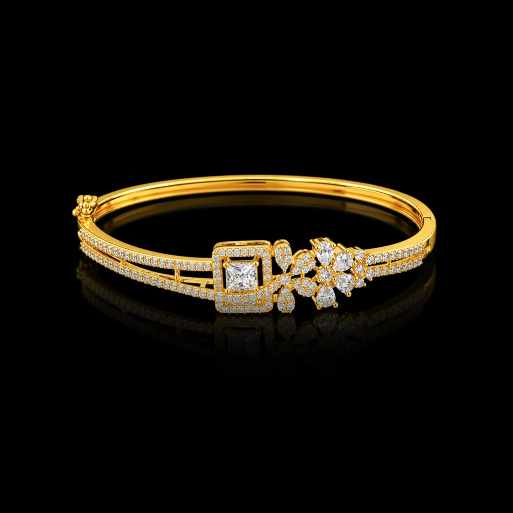 CZ Square Halo Bloom Openable Bracelet Gold Layered